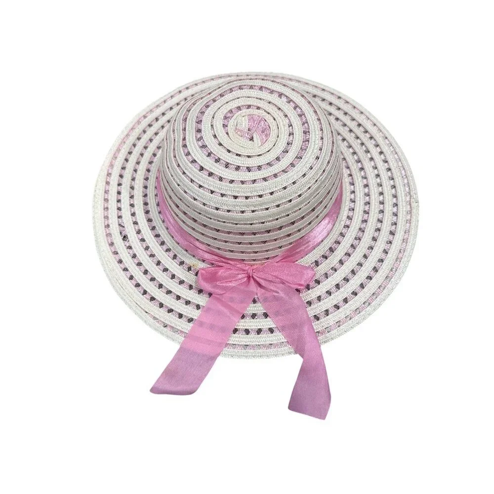 SET of 16 Wide Brim Straw Hats With Pink Ribbon Bow For Girls
